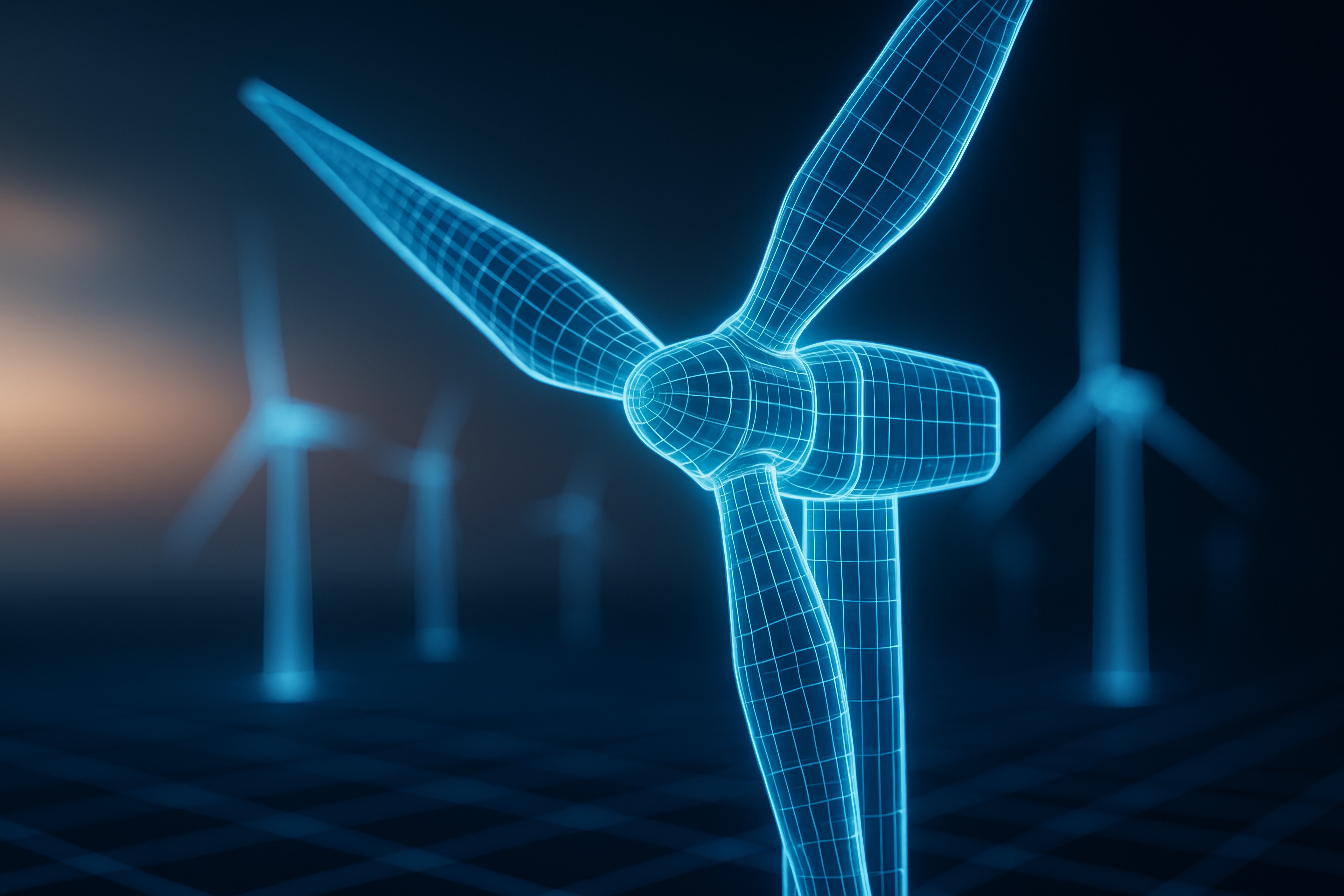 Digital wireframe wind turbine - representing the intelligence layer behind energy infrastructure